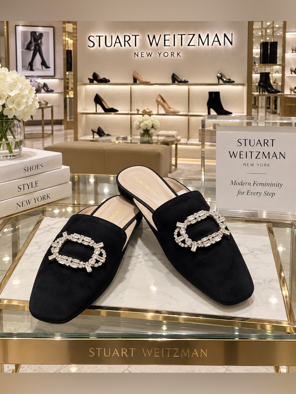 Stuart Weitzman Black Suede Mule With Crystal-Embellished Charm  9